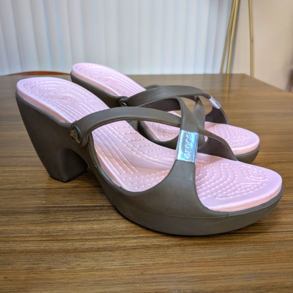CROCS Brown Wedge Sandals with Pink Footbed